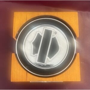 Harley Davidson 100th Anniversary Coaster Set 4 Chrome/Rubber W/ Wood Holder